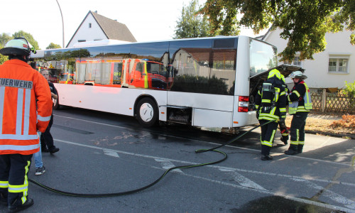Eisatzkräfte untersuchen den Bus auf mögliche weitere Brandherde. Foto: Marvin König