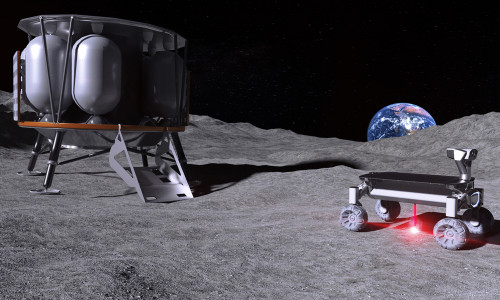 Die Moonrise-Technologie im Einsatz auf dem Mond. Links die Mondlandefähre ALINA, rechts der Rover mit der Moonrise-Technologie - mit angeschaltetem Laser beim Aufschmelzen von Mondstaub. Foto: LZH