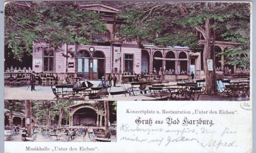 Die alten Arkaden am Burgberg, heute überbaut durch die Bundesstraße 4, nachdem der Kurpark in Richtung Radau verschoben wurde, historische Postkarte, Foto: Hersteller