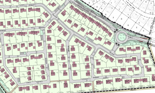 Bebauungsvorschlag des Baugebietes "Über dem Okertal" mit dem geplanten Kreisverkehr in der Neindorfer Straße. Foto: Stadt Wolfenbüttel