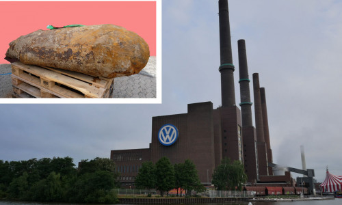 Auf dem Gelände von Volkswagen wurde eine alte Fliegerbombe gefunden. Foto: Alexander Panknin; Bombe: Volkswagen