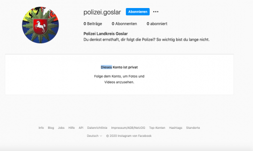 Die Polizei Goslar warnt in einer Pressemitteilung vor gefälschten Social Media Accounts wie diesem hier.