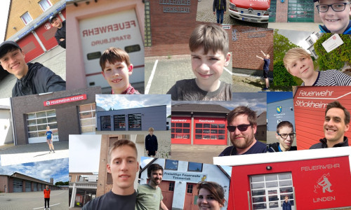 Die Selfies der Mitglieder vor dem Feuerwehrhaus.
