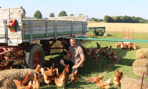 Florian Harms zwischen seinen Hühnern. Über 400 Hühner halten er und seine Frau in zwei Mobilställen. Ein dritter sei bereits in Planung.