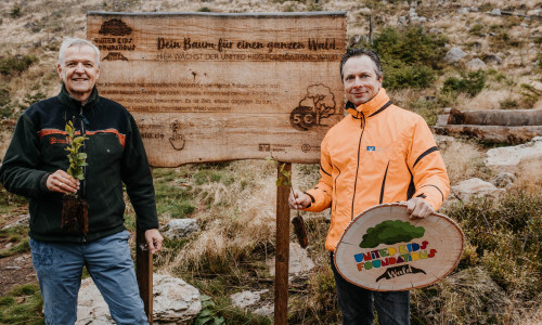 Dr. Klaus Merker (Präsident der Niedersächsischen Landesforsten) und Markus Beese (Botschafter von United Kids Foundations und Leiter Marketing der Volksbank BraWo) starten mit der Pflanzung der nächsten 10.000 Bäume im United Kids Foundations Wald.