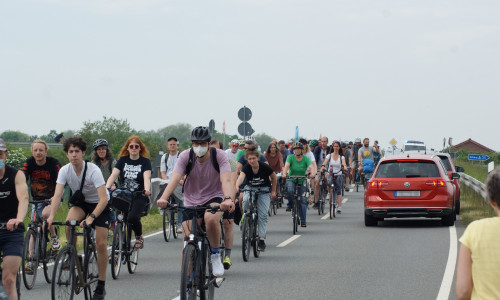 Demonstrierende Radfahrer kurz vor Erreichen des Zwischenziels Scheppau. 
