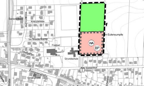 Hier soll das neue Baugebiet entstehen (roter Bereich). Die grün markierten Flächen sind Flächen für die Landwirtschaft. 