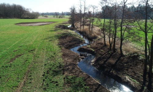 Aus der Luft gut sichtbar: Nicht mehr schnurgerade, sondern mäandrierend durchfließt die Scheppau im Bereich des zweiten Bauabschnitts die Landschaft im Landkreis Helmstedt.