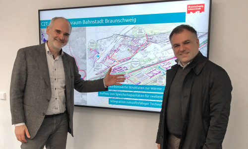 Stefan Plesser (links), Leiter des Steinbeis-Innovationszentrums (SIZ) Energieplus in Braunschweig, erläuterte dem Braunschweiger Bundestagsabgeordneten Dr. Christos Pantazis kürzlich das Projekt "C2T - Connect2Transform".