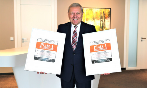 Jürgen Brinkmann, Vorstandssprecher der Volksbank BraWo, präsentiert die Auszeichnungen des 7. Kundenspiegels.
