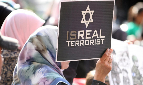 Demonstrantin mit "Isreal Terrorist"-Plakat (Archiv)