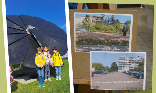 links: Kinder an der Smartflower, einer blumenförmigen Solaranlage in der Autostadt. rechts: Parkplatz oder Spielplatz?