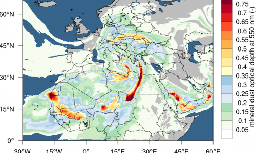 Räumliche Verteilung der Aerosol optischen Dicke (AOD), gültig am 1. März 2024, 12 UTC, vorhergesagt vom ICON-ART-Modellsystem. Zu dieser Zeit fand ein sogenannter Saharastaubausbruch statt; dies ist an einer erhöhten AOD über Mitteleuropa zu erkennen.