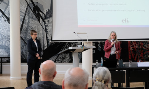 Lisa Bohm (links) und Julia Maulhardt stellen das Elektromobilitäts- und Lieferkonzept im Großen Sitzungsaal des Goslarer Kreishauses vor.