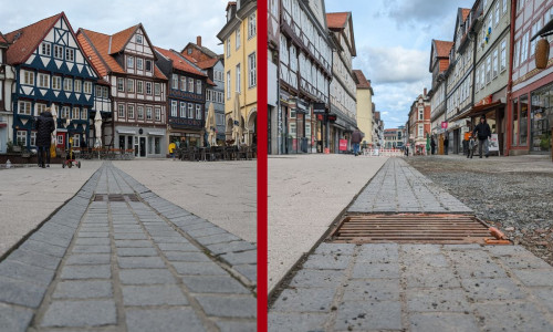 Nicht mehr schräg. In Wolfenbüttels Fußgängerzone werden die neuen Gossen jetzt gerade gesetzt.
