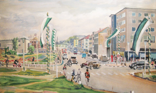 Porschestraße im Flaggenschmuck 1955, gesehen von Hans Kreuzer. Rechts das Kaufhaus WKS, links das Delphin-Kino. 