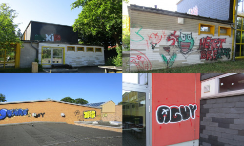 Einige der Graffitis am THG. Das Entfernen der Schmierereien verursacht Kosten.