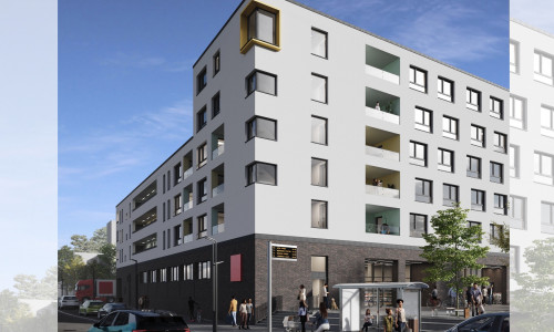 Visualisierung: So soll das neue Wohn- und Geschäftsgebäude in den Hellwinkel Terrassen aussehen.
