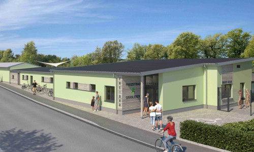 Visualisierung des neuen Funktionsgebäudes im Freizeitbad Grasleben, in dem auch der Gastronomiebereich untergebracht sein wird. 