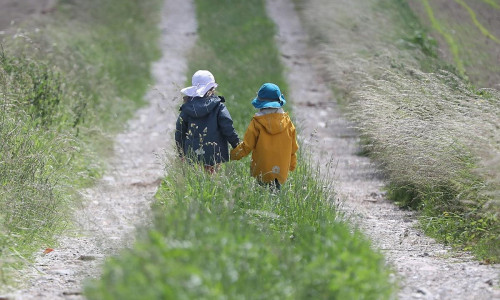 Zwei kleine Kinder laufen auf einem Feldweg (Archiv)
