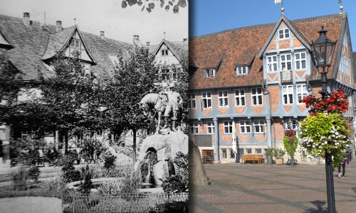 Der Stadtmarkt Wolfenbüttel im Jahr 1907 und heute im Vergleich. Viel hat sich verändert.