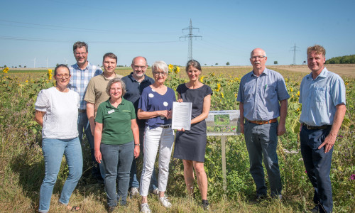 Umweltamtsleiterin Kristina Eß (Landkreis Wolfenbüttel), Landwirt Matthias Johns, Abteilungsleiter Naturschutz Max Ruben Garchow (Landkreis Wolfenbüttel), LWK-Biodiversitätsberaterin Martina Diehl, Umweltdezernent Sven Volkers, Landrätin Christiana Steinbrügge, Ministerin Miriam Staudte, Kammerpräsident Gerhard Schwetje und NABU-Geschäftsführer Dr. Holger Buschmann (v.li.) auf einer Fläche speziell für den Rebhuhnschutz bei Leinde.