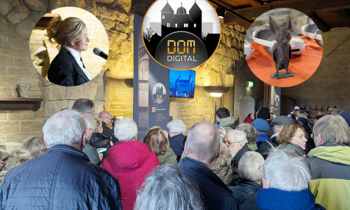 Nachdem der offizielle Startschuss für die App DOM:digital durch Oberbürgermeisterin Urte Schwerdtner (kleines Bild, oben li.) gefallen war, herrschte den ganzen Nachmittag großer Andrang im Wintersaal der Kaiserpfalz Goslar. Für Kinder und Jugendliche begleitet die Fledermaus Lunar (kleines Bild, oben re.) die Erkundung des ehemaligen Doms.