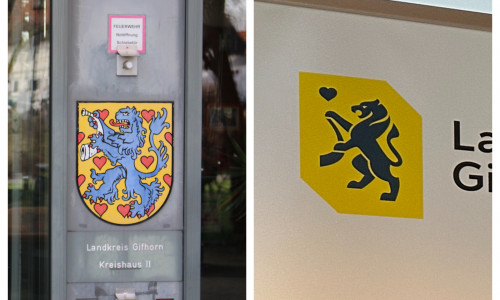 Links das traditionelle Wappen am Landkreisgebäude, rechts das neugestaltete Symbol.