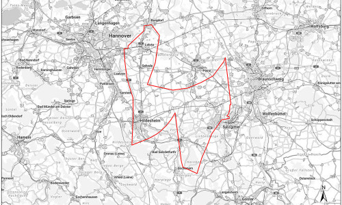 Das Erlaubnisfeld „Sende-Lithium“ erstreckt sich über eine unförmige Fläche zwischen Hannover und Salzgitter und zwischen Braunschweig und Hildesheim.