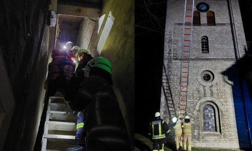 Übung der Feuerwehr Hoiersdorf im Kirchturm.