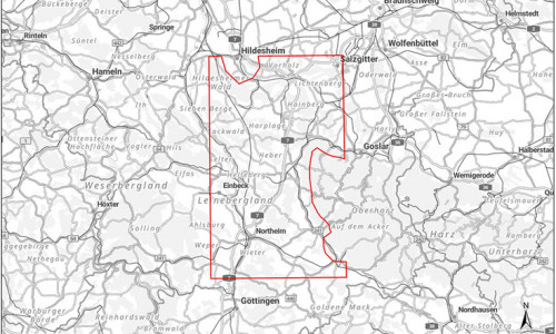 Das rot eingegrenzte Erlaubnisfeld „Leine-Salz“ erstreckt sich von Herzberg im Südosten bis Hildesheim im Nordwesten.