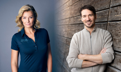 Franziska van Almsick ist Botschafterin der Strecke Wasser, Felix Neureuther Botschafter der Strecke Erde.