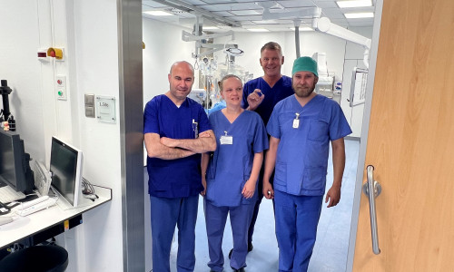 Leitender Oberarzt Ziyad Al-Masri, Bereichsleitung Herzkatheterlabor, Kathleen Conrad, Kardiologie-Chefarzt Prof. Dr. Hendrik Bonnemeier und Fachpfleger Marco Ehm (v. li.).