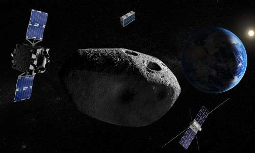 Künstlerische Darstellung der „Rapid Apophis Mission for Space Safety“ (RAMSES) der ESA. Das RAMSES-Raumfahrzeug und die CubeSats untersuchen den Asteroiden Apophis während seines nahen Vorbeiflugs an der Erde. 