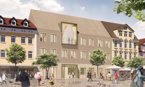 So wird die neue Peiner Hauptstelle der Volksbank BRAWO aussehen, Blick vom Peiner Marktplatz.