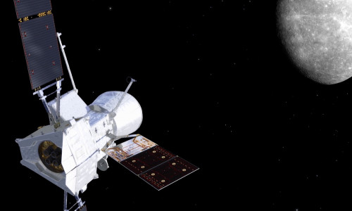 Das aus vier Modulen bestehende Raumfahrzeug "BepiColombo" nähert sich dem Merkur.