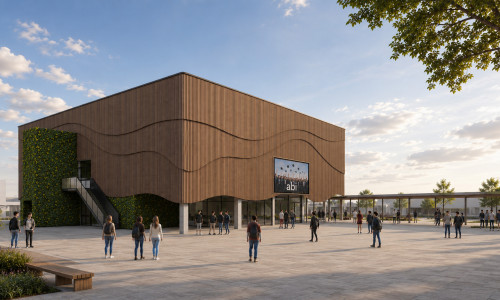 Schematische Darstellung der Außenansicht der Aula Gymnasium Salzgitter-Bad nach Abschluss der Grundsanierung.