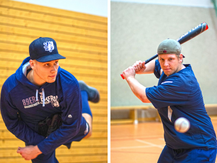 Starting Pitcher Leon Mühlen (li.) und Infielder Marc Hoffmann (re.) beim Schlagtraining. Foto: 89ers