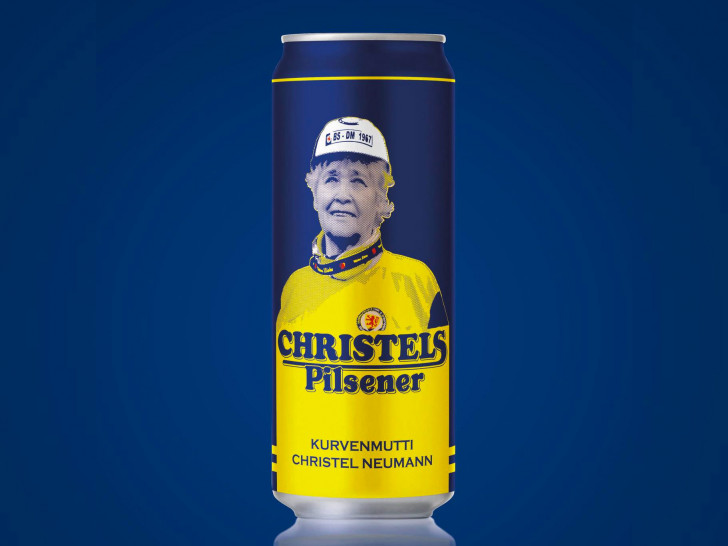 "Kurvenmutti" Christel Neumann ziert die 20. Auflage der Wolters-Eintracht-Dose. Foto: Hofbrauhaus Wolters 