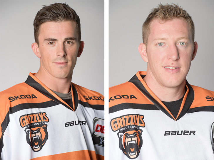 Bleiben bis 2018: Tyson Mulock (li.) und Mark Voakes. Fotos: Grizzlys Wolfsburg / City-Press GmbH