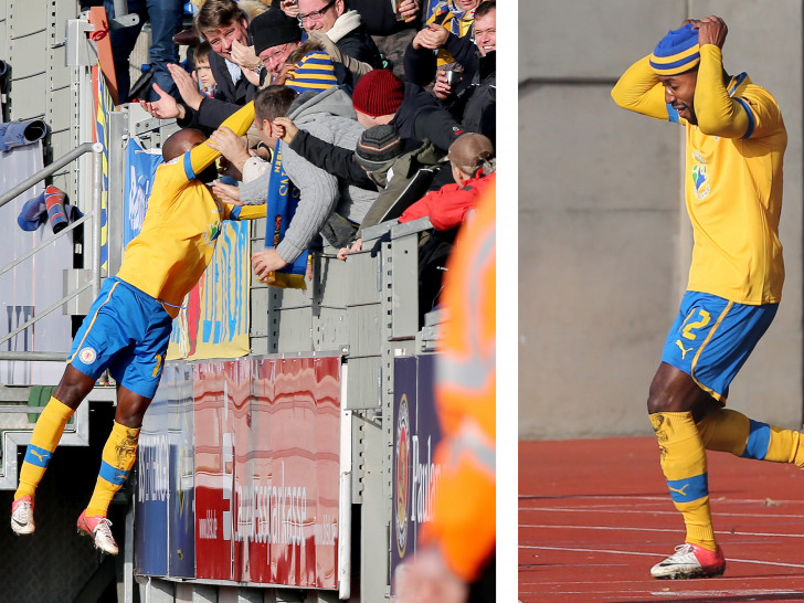 Legendärer Mützenklau: Domi Kumbela und sein Torjubel nach dem 1:0 gegen Ingolstadt. Fotos: Agentur Hübner