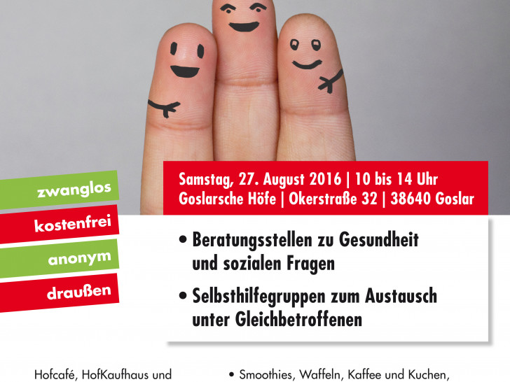 Am Samstag, 27. August findet von 10 bis 14 Uhr in den Goslarsche Höfen, Okerstraße 32, Goslar, der erste Beratungs- und Selbsthilfemarkt statt, Plakat: Veranstalter