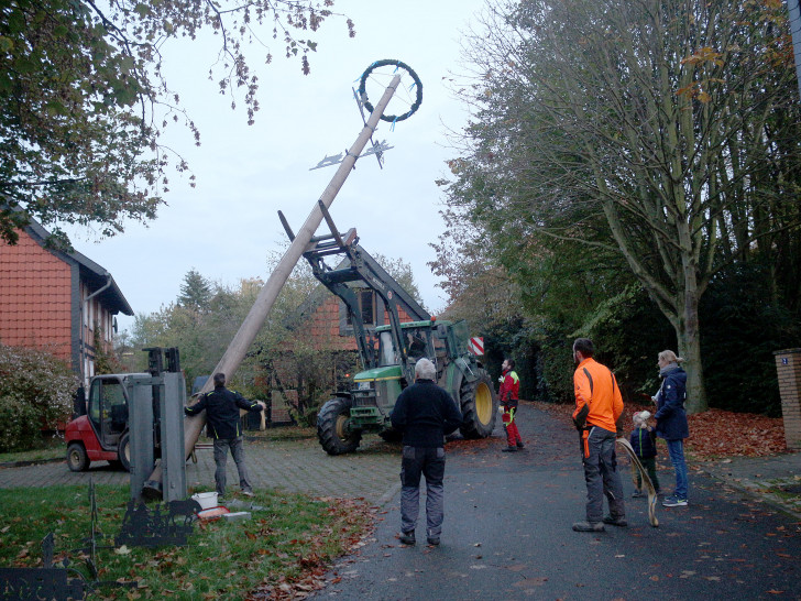 Der Maibaum wird von Henning Barnstorf heruntergeholt. Foto: Jürgen Lingelbach