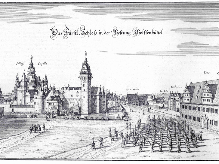 Schloss Wolfenbüttel von Osten, Caspar Merian nach Conrad Buno, Kupferstich 1654, Museum Wolfenbüttel. Foto: Kulturstadt Wolfenbüttel e.V.