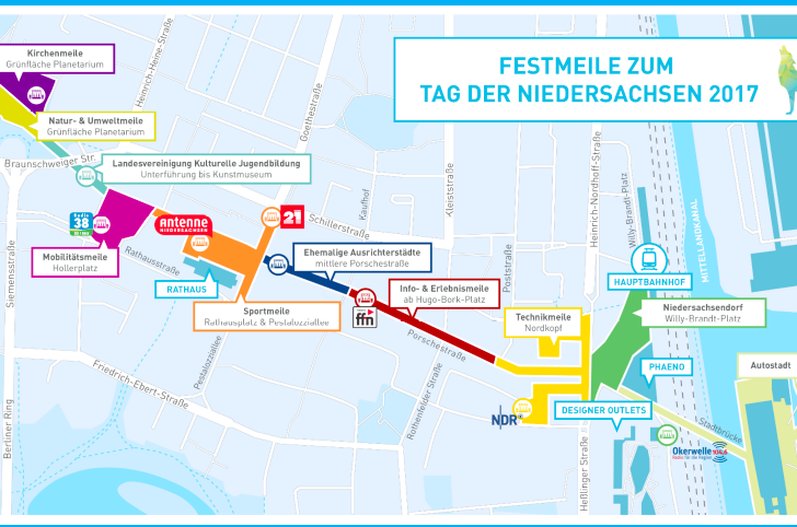 Die gesamte Innenstadt wird zur Festmeile, deshalb besser mit öffentlichen Verkehrsmitteln anreisen. Darstellung: Stadt Wolfsburg