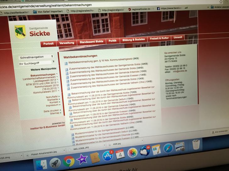 Auf Internetseite www.sickte.de können alle Informationen und Bekanntmachungen, rund um die Kommunalwahl 2016 abgerufen werden. Foto: Anke Donner 