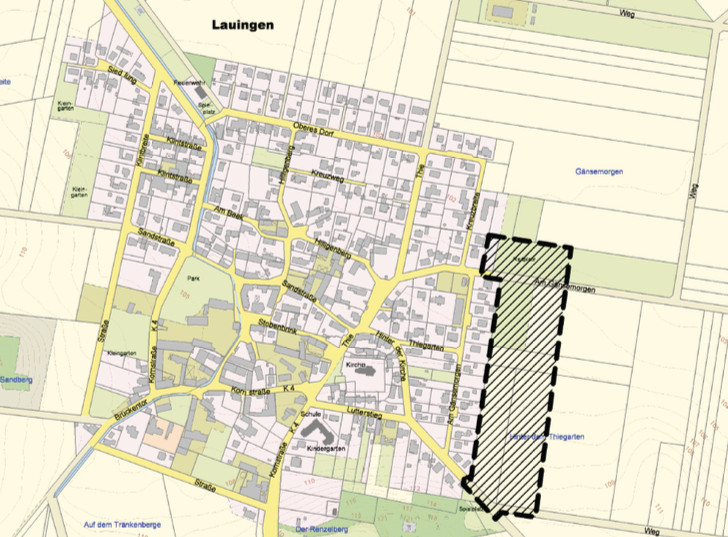 Das neue Baugebiet ist im Plan schraffiert dargestellt. Bild: Ortsrat Lauingen
