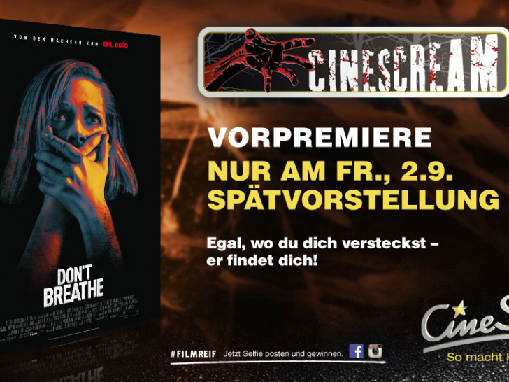 „Don’t breathe“ als CineScream-Vorpremiere gibt es am Freitag, 2. September, im CineStar zu sehen. Foto: CineStar