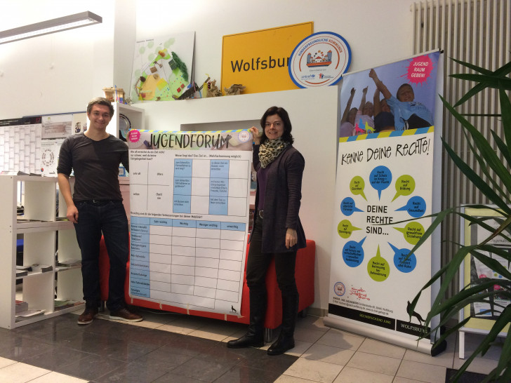 Katrin Binius und Lukas Figge präsentieren die Umfrageplakate zur Mobilität von Jugendlichen. Foto: Stadt Wolfsburg