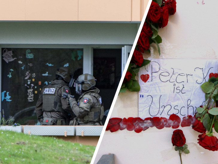 Peter K. starb bei einem Polizeieinsatz am Hans-Blöckler-Ring (l.). Vor seiner Wohnung in der Einsteinstraße (r.) wurden mittlerweile Blumen niedergelegt, ebenso wie ein Blatt Papier auf dem „Peter K. ist unschuldig" geschrieben steht. Fotos: Rudolf Karliczek